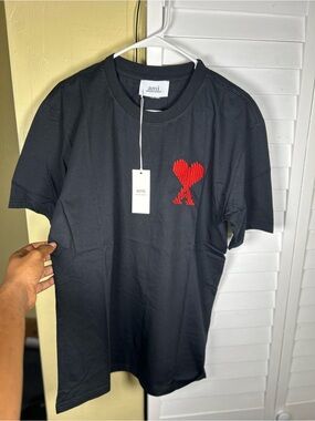 Ami Black Tee with Red Heart A Logo